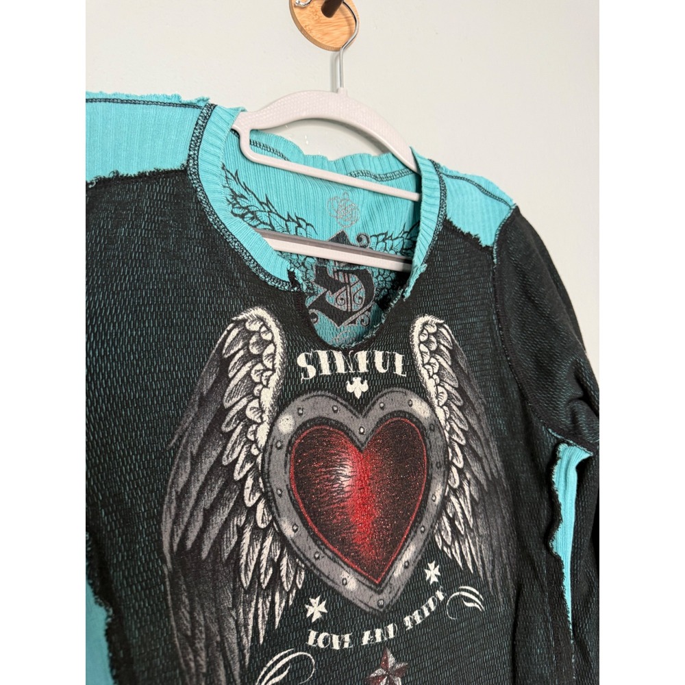 Sinful by Affliction Y2K Thermal Reversible Glitter Heart Turquoise & black top - Picture 15 of 16